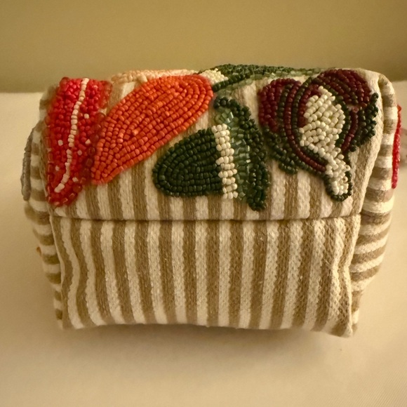 Handcrafted in India Beaded Bag Canvas Tote Vegetables w/ Tan & White Stripes - Picture 6 of 9